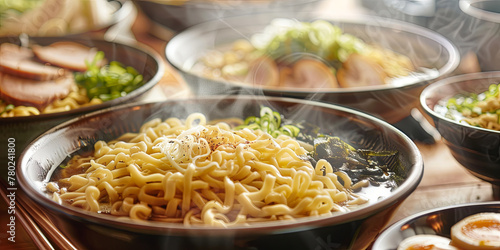 close up of steaming hot ramen noodles in bowls, generative AI