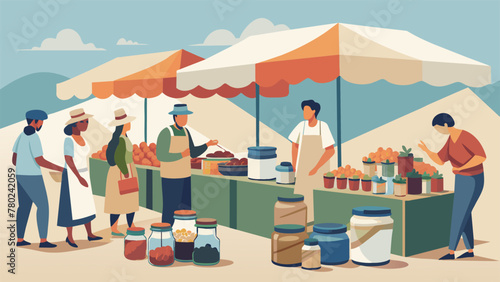 A bustling farmers market filled with stands selling a variety of handcanned jams jellies and pickled produce highlighting the importance of