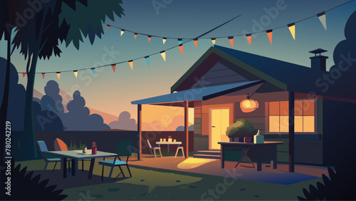 As the evening approaches outdoor lights gradually turn on to illuminate a backyard for a barbecue party. The lights change to a flickering