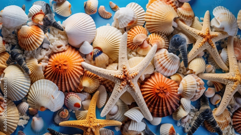 Collection of seashells and starfish on blue background Collection of seashells and starfish on blue background