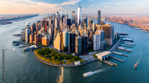 Aerial Photo of Manhattan Island with Office and Apartment Buildings , Hudson River Scenery with Yachts , Boats, One World Trade Center Skyscraper in the Middle of Skyline photo