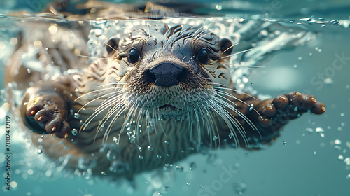 an Otter Swimming, studio shot, against solid color background, hyperrealistic photography, blank space for writing