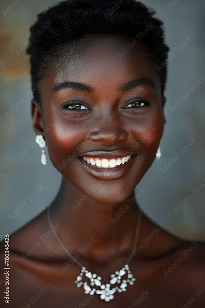 Portrait of smiling woman with beautiful smile. A radiant smiling woman with sparkling earrings and an infectious smile, showcasing joy and beauty Portrait of smiling woman with beautiful smile. A radiant smiling woman with sparkling earrings and an infectious smile, showcasing joy and beauty