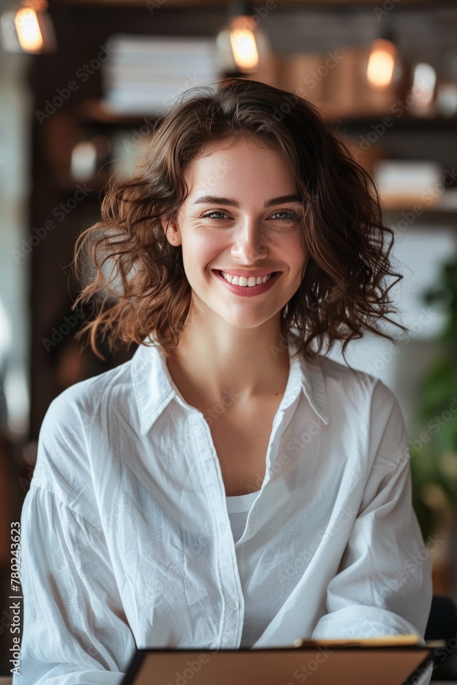 Smiling Young Woman Holding a Tablet in a Modern Café During the Day Smiling Young Woman Holding a Tablet in a Modern Café During the Day