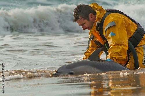 Ocean rescue: marine rescuers saving marine mammals dolphins stranded on beaches, promoting marine conservation and ocean protection