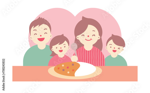 母の日のカレーライス・料理のプレゼントで笑顔のお母さんや家族・親子のかわいい人物イラスト