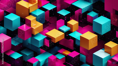 This abstract background features a vibrant blend of various geometric shapes such as squares  circles  triangles  and hexagons overlapping and intersecting each other. The shapes are filled with bold
