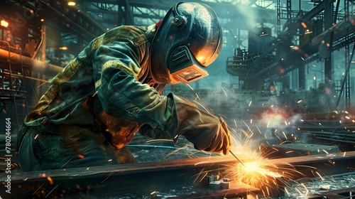process of welding, showcasing sparks, protective gear, and skilled welders at work	 photo