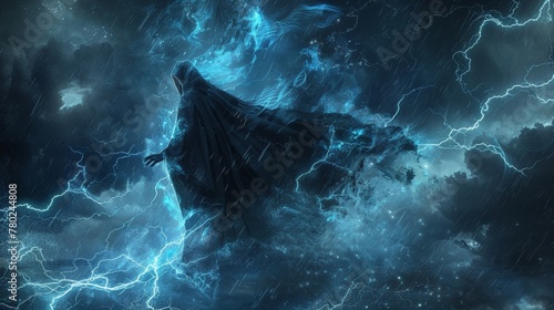 In the midst of a raging thunderstorm a figure clad in a long black cloak stands tall their eyes glowing with a deep blue hue as they tame the lightning with their hands. .