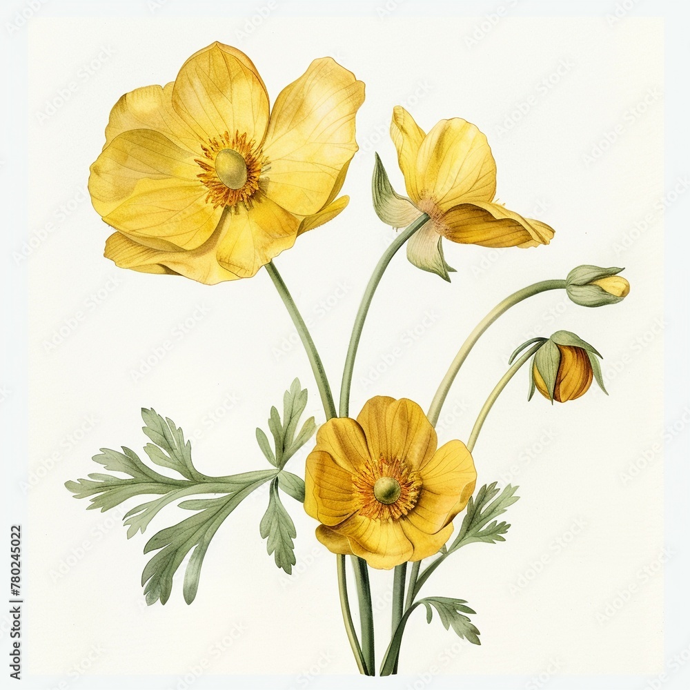 Buttercup, 1800s, watercolor, isolated on white golden hues Buttercup, 1800s, watercolor, isolated on white golden hues