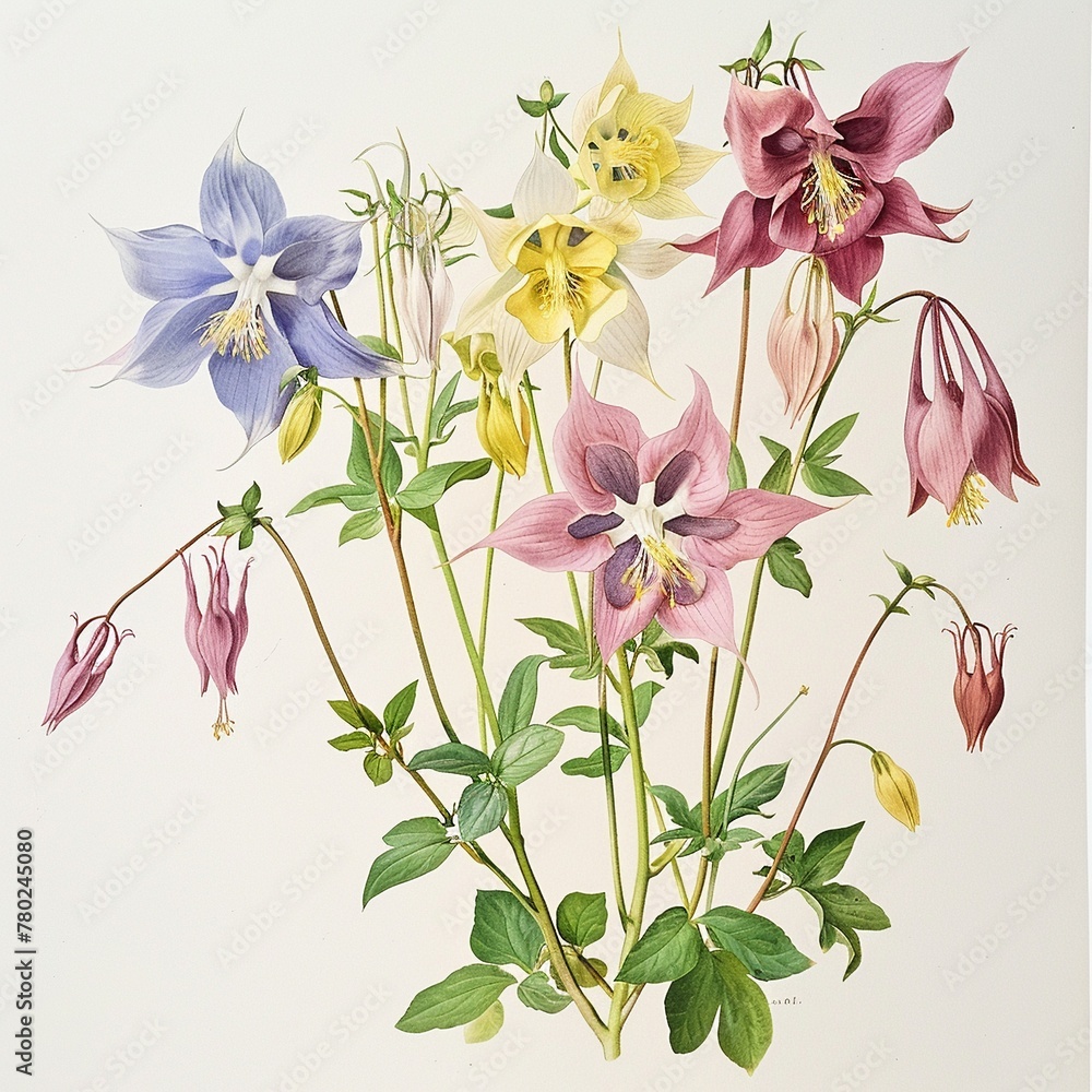 Fototapeta premium Columbine, 1800s, watercolor, white backdrop graceful blooms