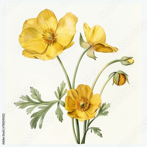 Buttercup, 1800s, watercolor, isolated on white golden hues © Tee