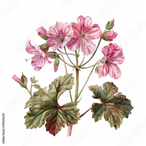 Geranium, 1800s, watercolor, isolated on white rustic charm © Tee