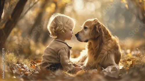 Toddler and Golden Retriever Sharing a Moment