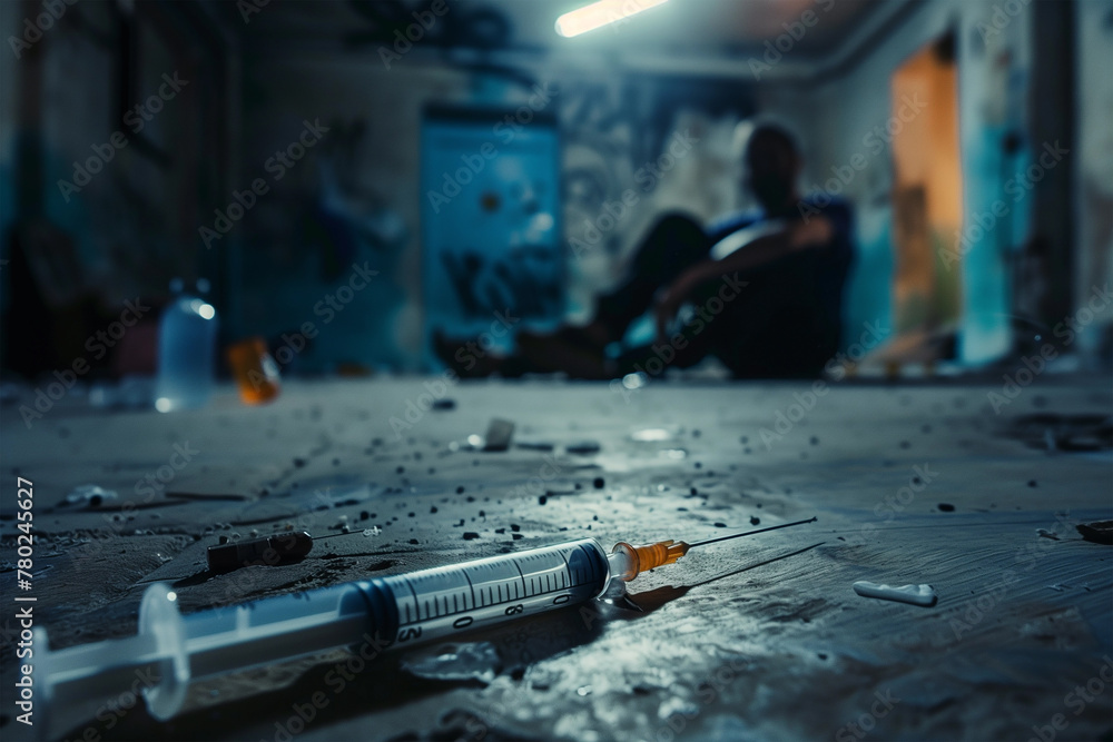 Close-up of a syringe with a blurred man drug addict sitting in the background - addiction crisis, help support. - obrazy, fototapety, plakaty 