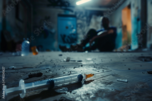 Close-up of a syringe with a blurred man drug addict sitting in the background - addiction crisis, help support. photo