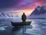The castaway man stands on a frozen, icy beach in the Arctic, surrounded by towering glaciers and snow-capped mountains
