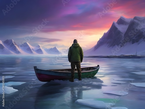The castaway man stands on a frozen, icy beach in the Arctic, surrounded by towering glaciers and snow-capped mountains