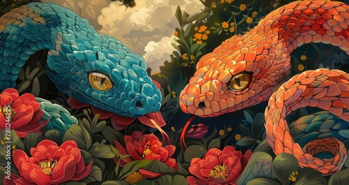 Two exotic beautiful snakes close-up. Poisonous dangerous reptile.
