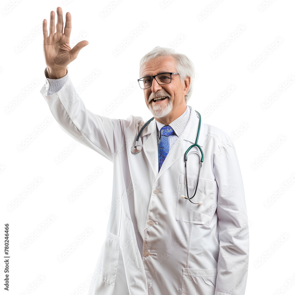 Friendly doctor giving a high five and smiles friendly, isolated on transparent background 