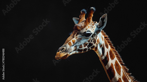 closeup of a Giraffe sitting calmly, hyperrealistic animal photography, copy space © animalground