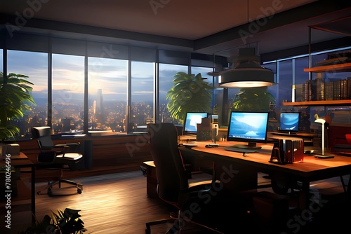 Side view of white and black open space office interior with rows of computer tables with desktops standing on them. 3d rendering mock up