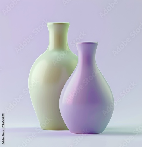 Two toned ceramic vases in soft lighting. Two ceramic vases with a smooth finish and soft pastel tones are highlighted by the gentle lighting, evoking a tranquil atmosphere
