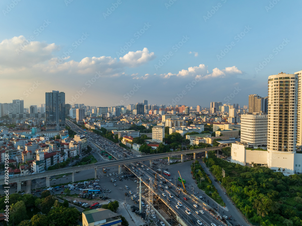 Fototapeta premium Aerial skyline view of Hanoi cityscape at sunset in Cau Giay district