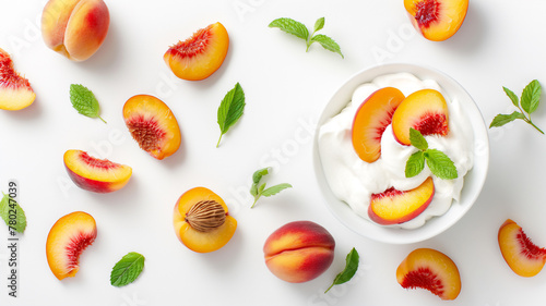 Fresh peaches and cream in a bowl with mint leaves  arranged on a white background.