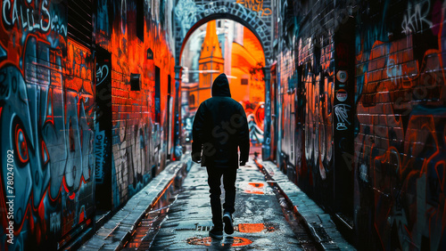 A person walking through a vibrantly graffitied urban alley. The image captures the colorful essence of street art in city life.