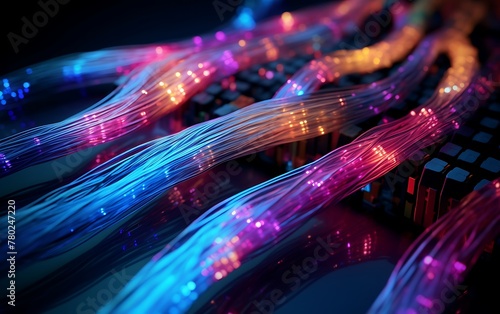 Fiber optical network cable close up with blue bokeh background