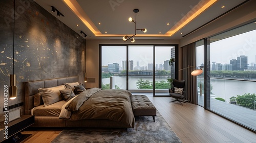 Modern Bedroom Interior with River View and Elegant Decor © lin