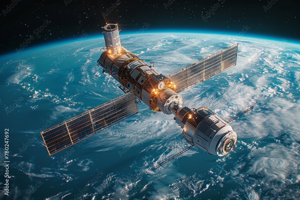Satellite orbiting Earth capturing high-resolution images. Satellite orbiting Earth capturing high-resolution images.