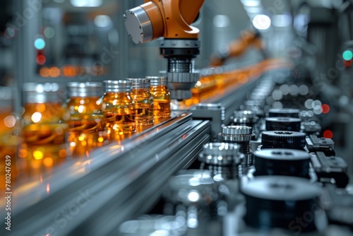 Industrial robotic arm precisely handling liquid-filled vials on a production line.