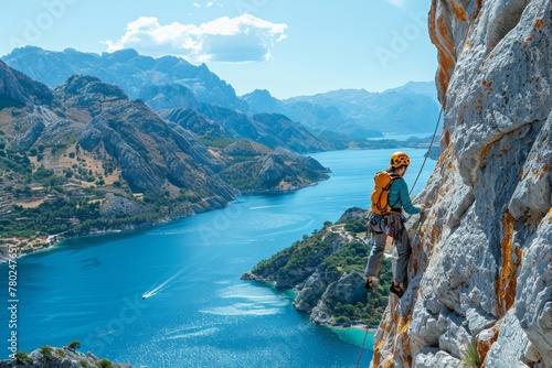 Climber on a cliff with a panoramic view of a mountainous bay. © Good AI
