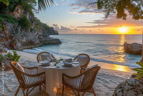 Elegant sunset dinner on a beach with ocean and palm tree view.