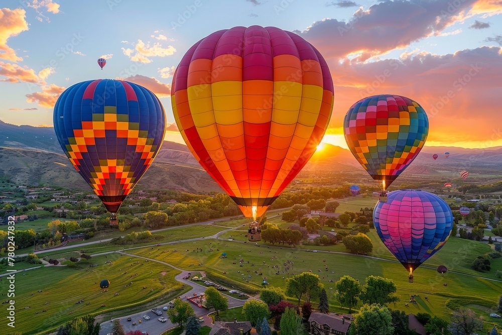 Colorful hot air balloons float above a scenic landscape at sunset, with golden light bathing the sky and ground below.