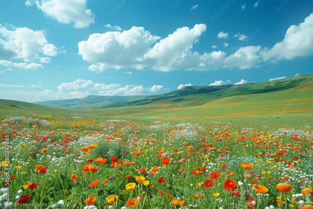 A vast field of red poppies and wildflowers stretches towards rolling green hills under a sky dotted with fluffy clouds.