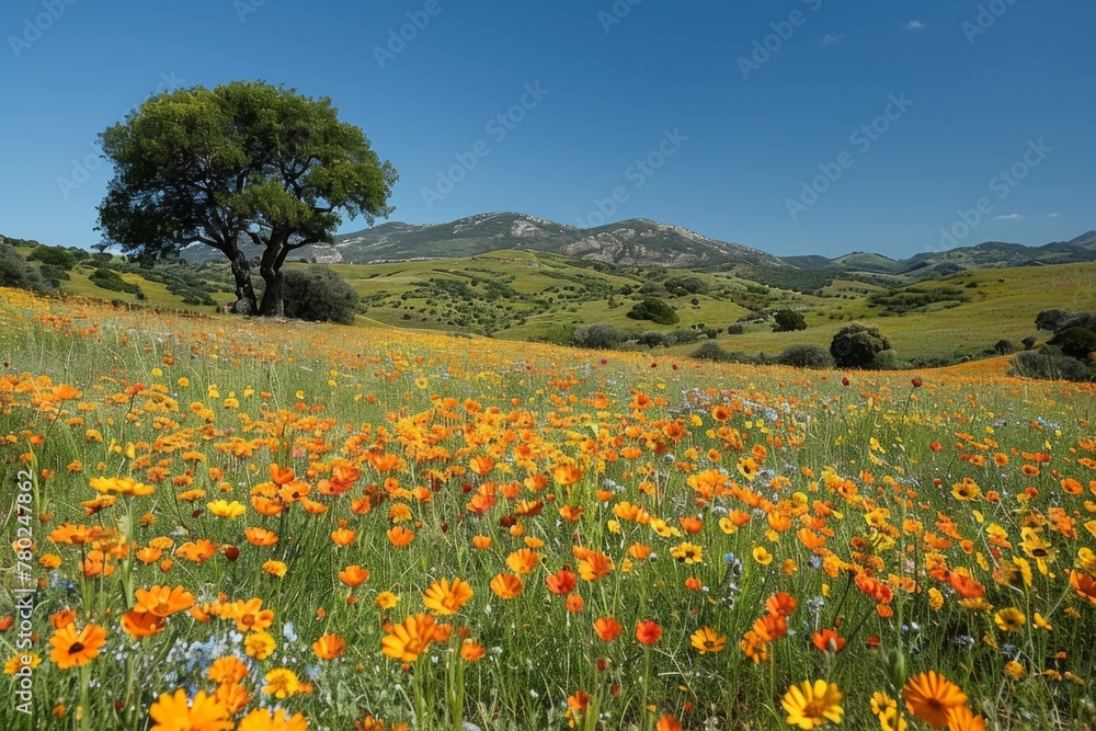 A solitary tree stands in a vibrant meadow of orange wildflowers under a clear blue sky, with green hills in the distance.