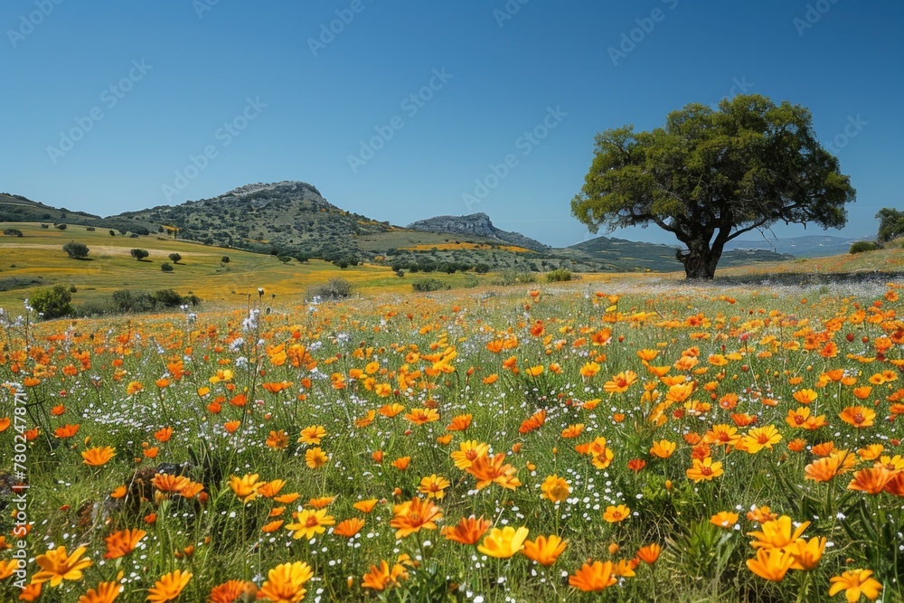 A solitary tree stands in a vibrant meadow of orange wildflowers under a clear blue sky, with green hills in the distance.