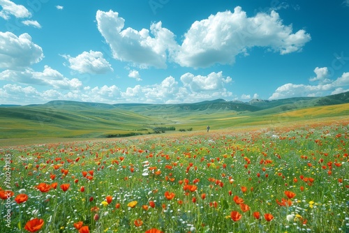 A vast field of red poppies and wildflowers stretches towards rolling green hills under a sky dotted with fluffy clouds.