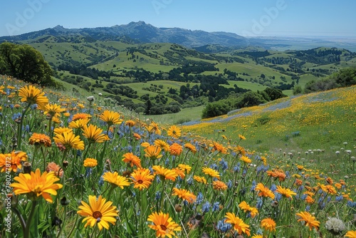 Orange wildflowers and blue blossoms blanket a hillside with a view of distant mountains and clear blue skies above.