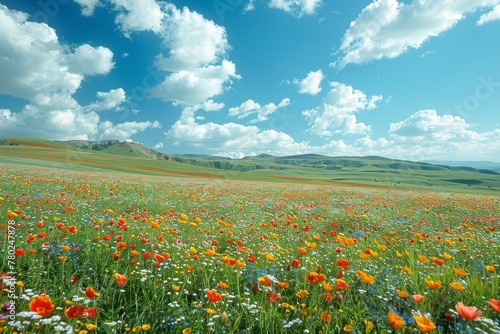 A vast field of red poppies and wildflowers stretches towards rolling green hills under a sky dotted with fluffy clouds.