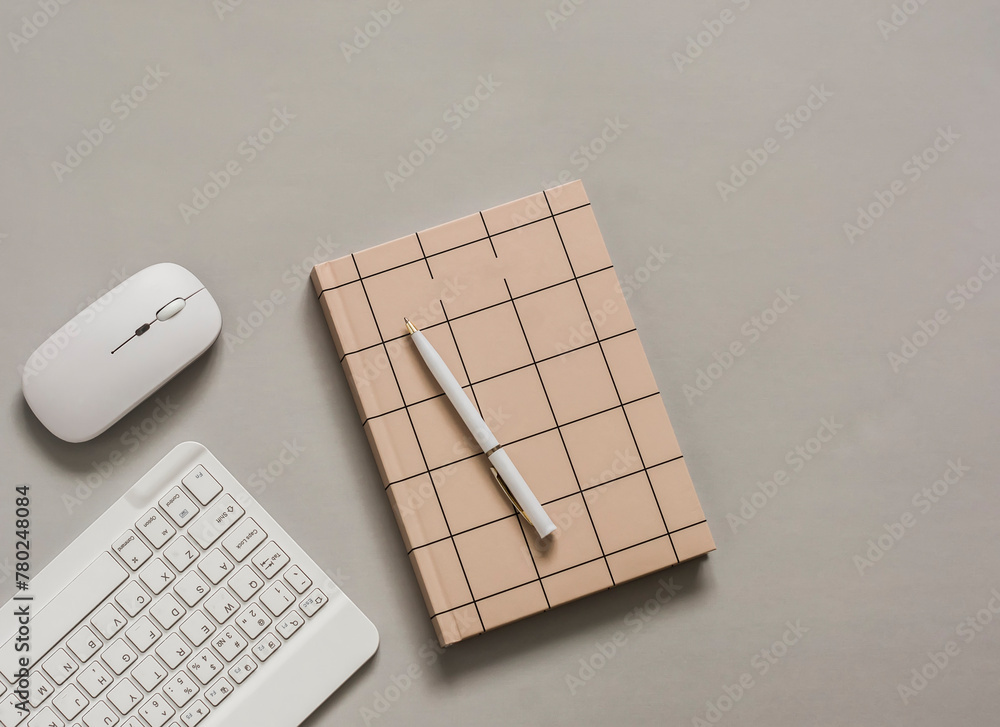 Fotografia Work, learning, education background - keyboard, mouse, notepad on a gray backgr