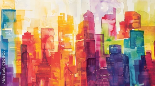 A closeup of a watercolor painting of a city skyline each building and feature bursting with bold saturated colors. The use of vibrant hues evokes a sense of excitement and movement .
