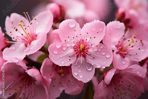 Pink cherry blossom, Japanese sakura photo, close-up with dew drops © Asya_AI