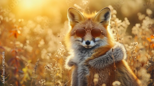 Fashion-forward fox in a faux fur coat, wearing oversized sunglasses, amidst a woodland chic backdrop, lit with dappled sunlight, emanating effortless style and charm © Дмитрий Симаков