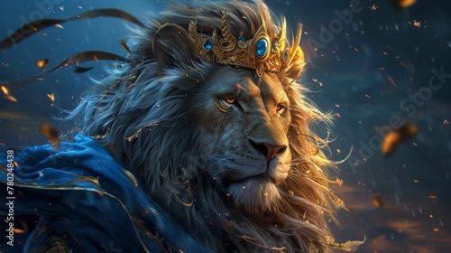 Majestic lion with a regal crown of feathers  draped in a silk cape  adorned with sapphire jewelry  against a midnight blue background  lit with golden hues  exuding confidence and power