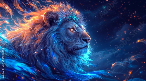 Majestic lion with a regal crown of feathers, draped in a silk cape, adorned with sapphire jewelry, against a midnight blue background, lit with golden hues, exuding confidence and power