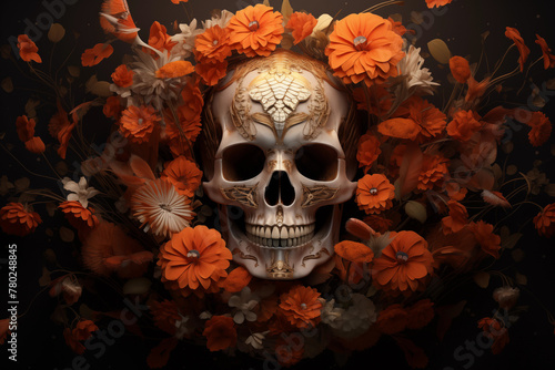 Human skull in orange flowers. Dia de los muertos
